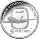 Flying Through Time - $5 Silver Proof Coin: Airbus A380